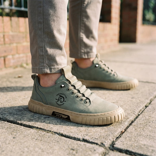 Oliwkowe sneakersy noszone do jeansów