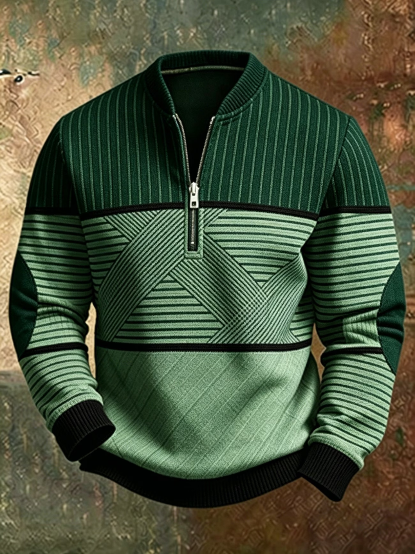 Sweter męski z zamkiem we wzór geometryczny w kolorze zielonym