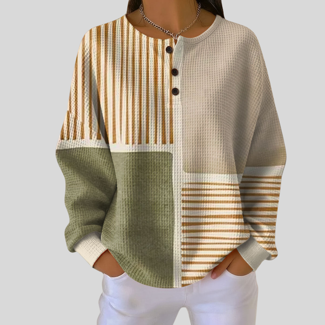 Bluza damska patchwork w paski z guzikami przy dekolcie