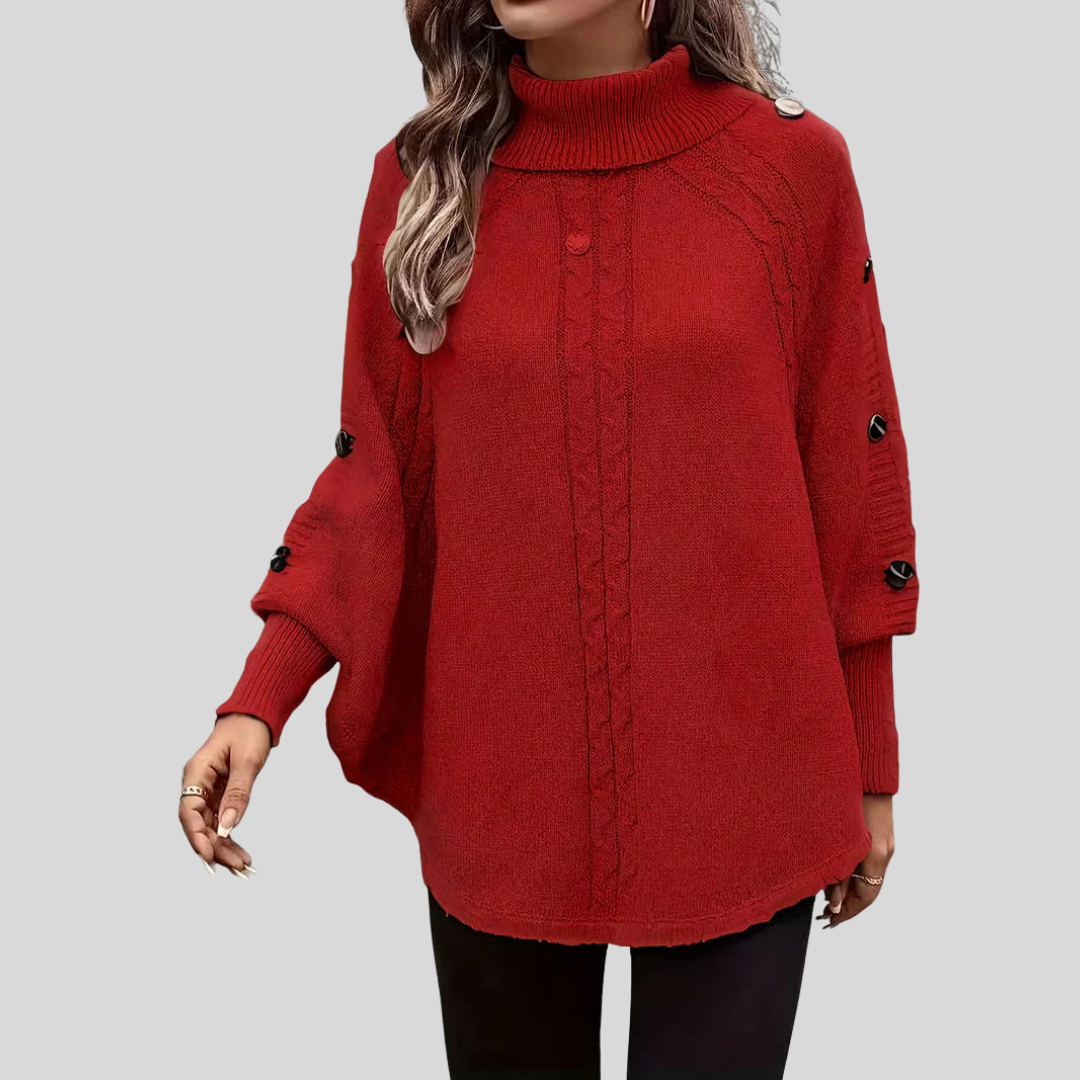 Sweter damski z golfem w stylu ponczo w kolorze czerwonym