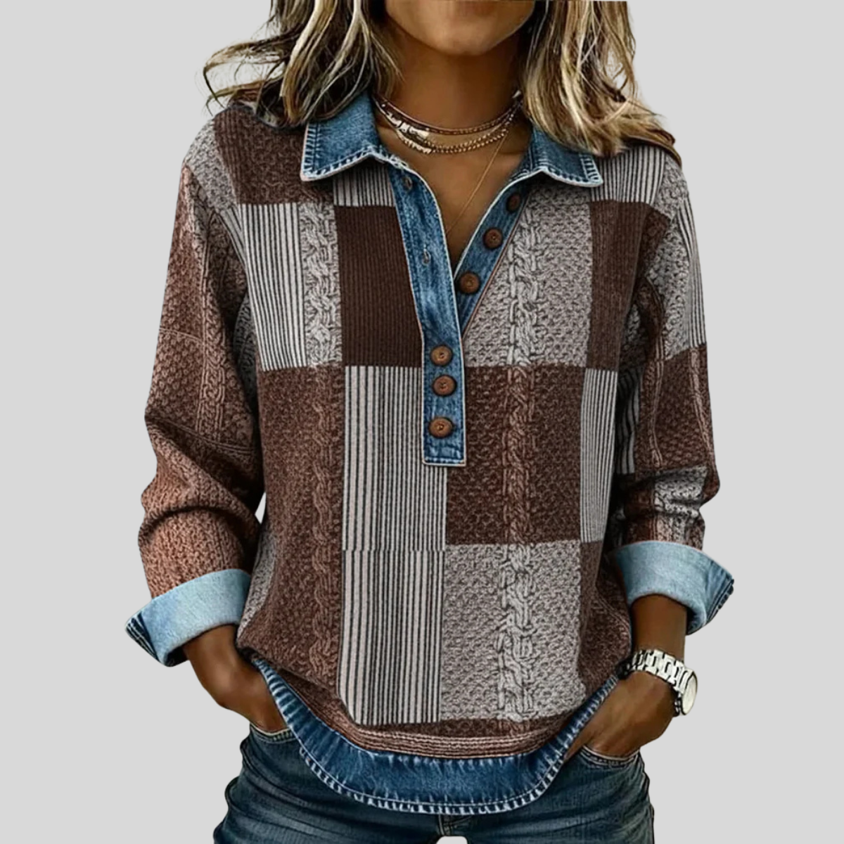 Sweter damski patchwork w kolorze brązowym