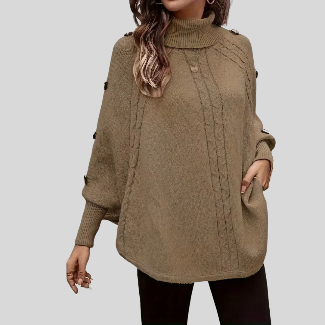 Sweter damski z golfem w stylu ponczo w kolorze kamelowym
