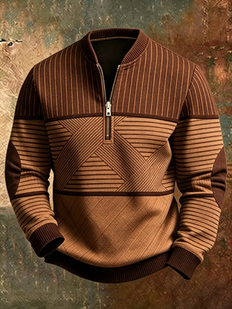Sweter męski z zamkiem we wzór geometryczny w kolorze brązowym