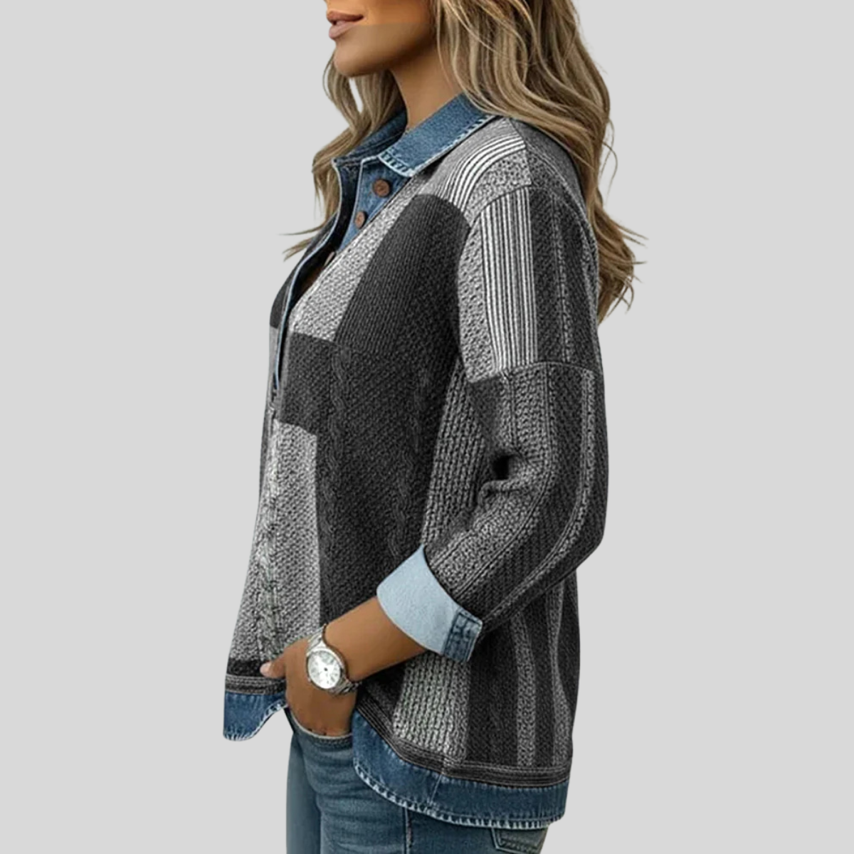 Bok czarnego swetra patchwork