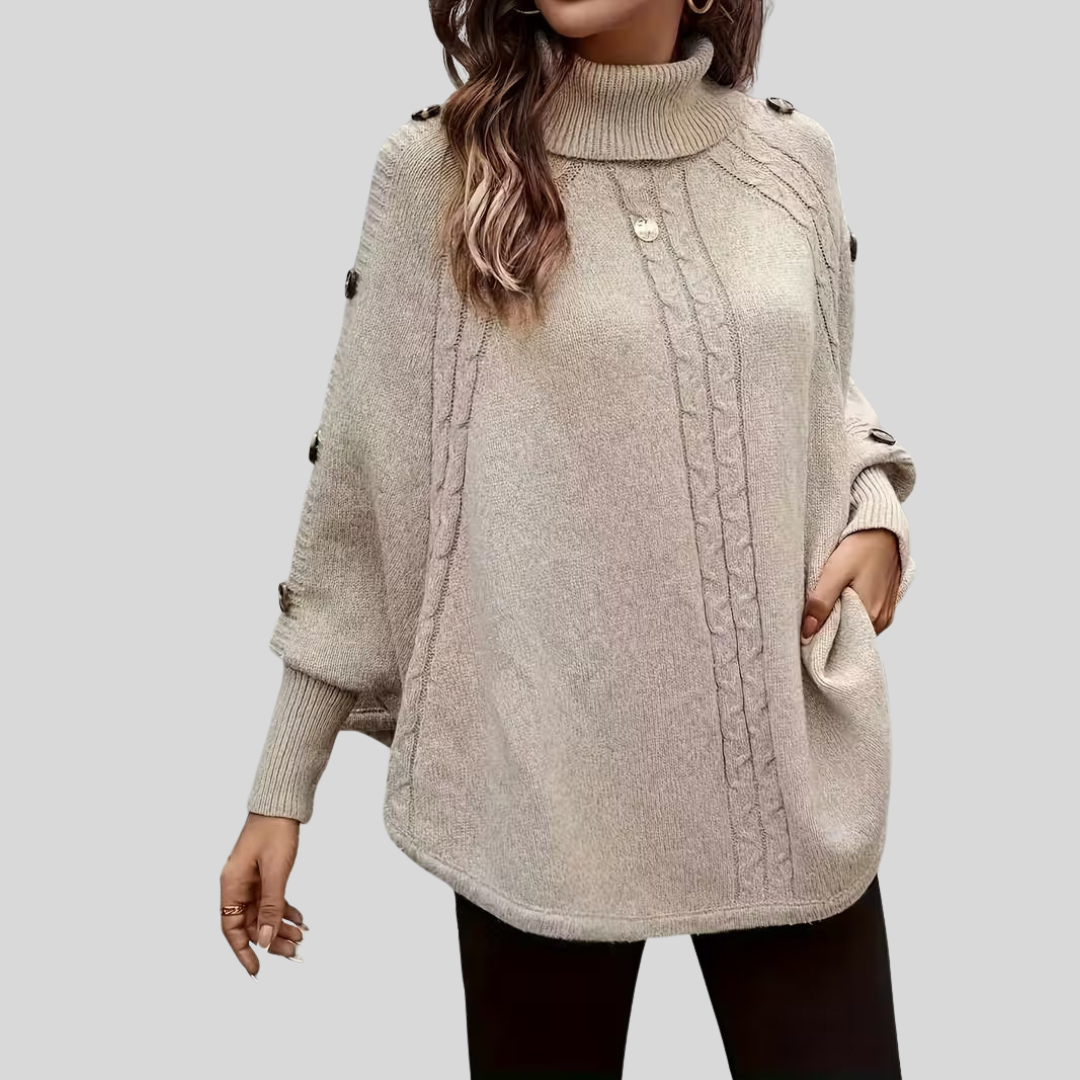 Sweter damski z golfem w stylu ponczo w kolorze beżowym