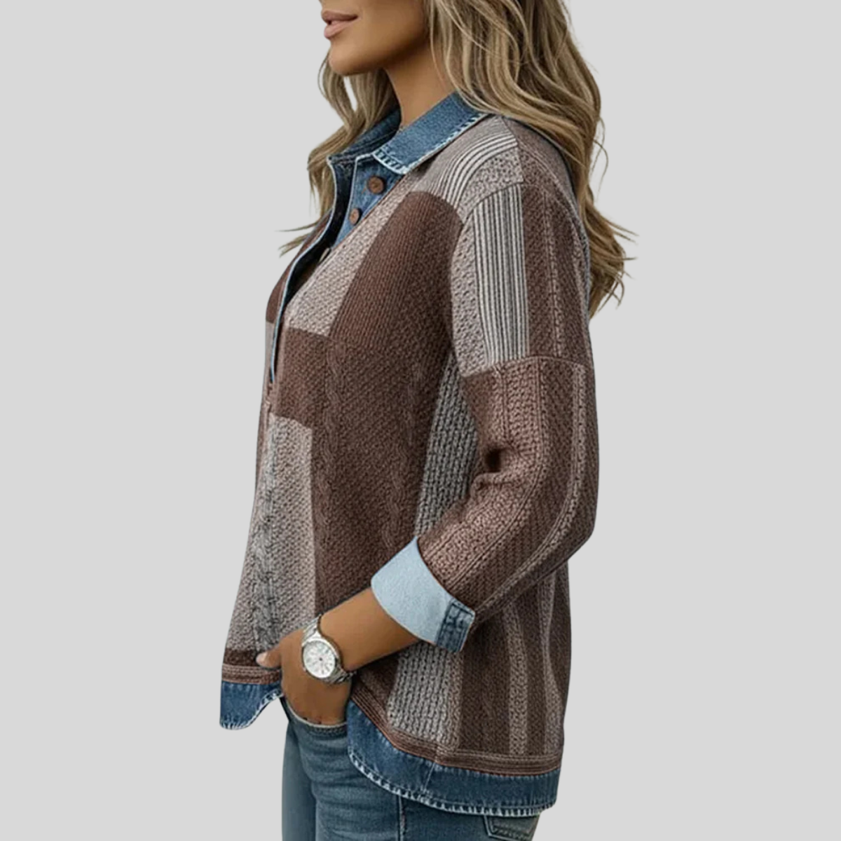 Bok brązowego swetra patchwork