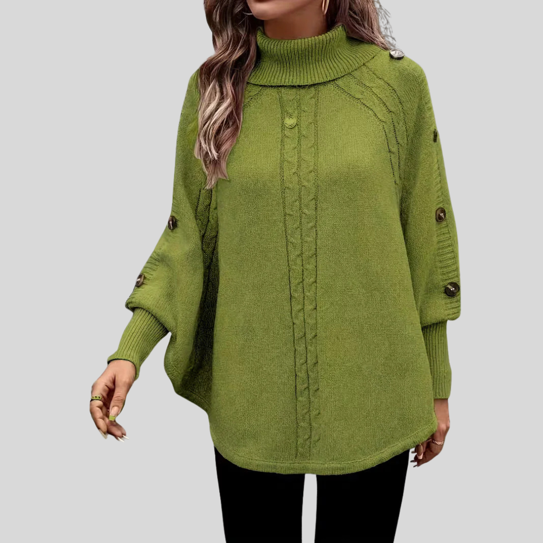 Sweter damski z golfem w stylu ponczo w kolorze oliwkowym