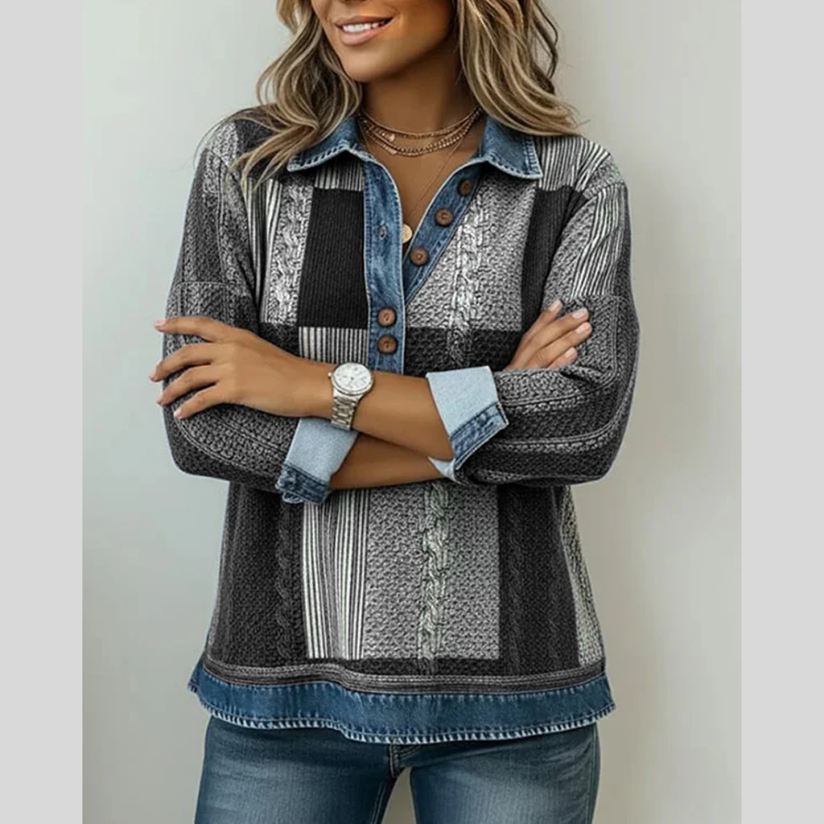 Czarny sweter patchwork z kołnierzykiem, widok z przodu