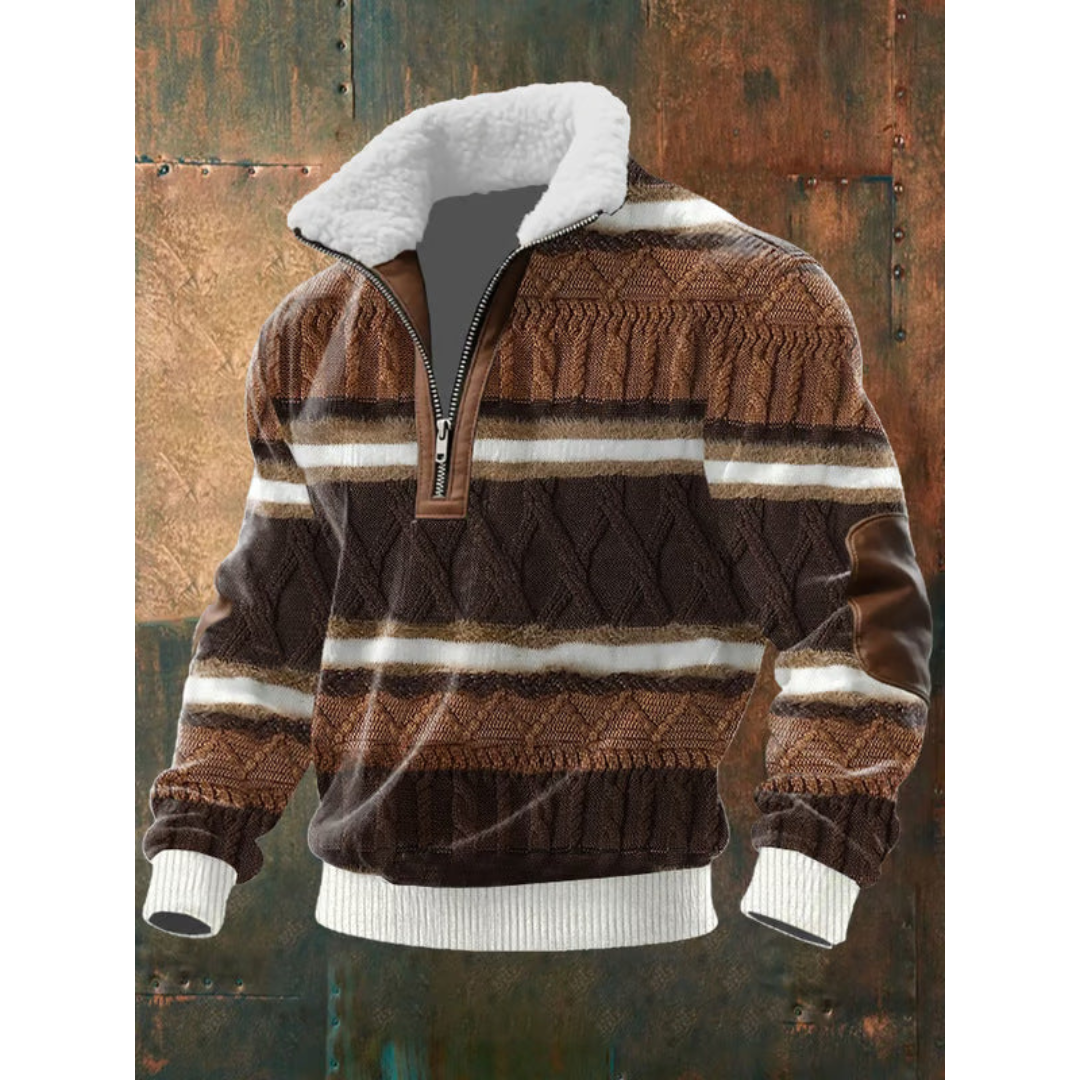 Sweter męski z kołnierzem z misia w kolorze brązowym w paski