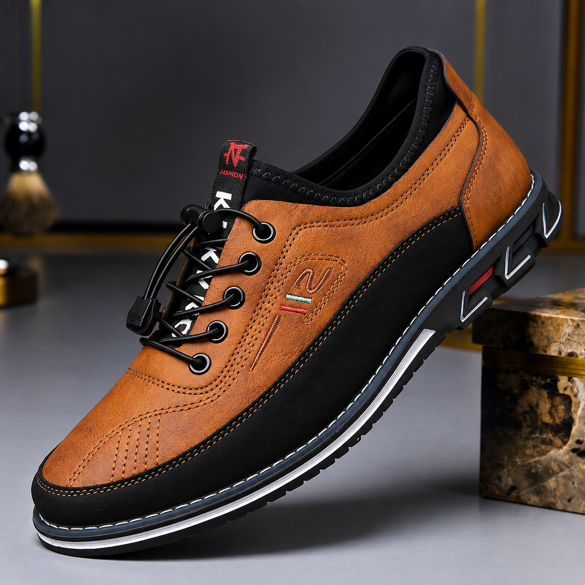 Koniakowe buty sznurowane na podeście