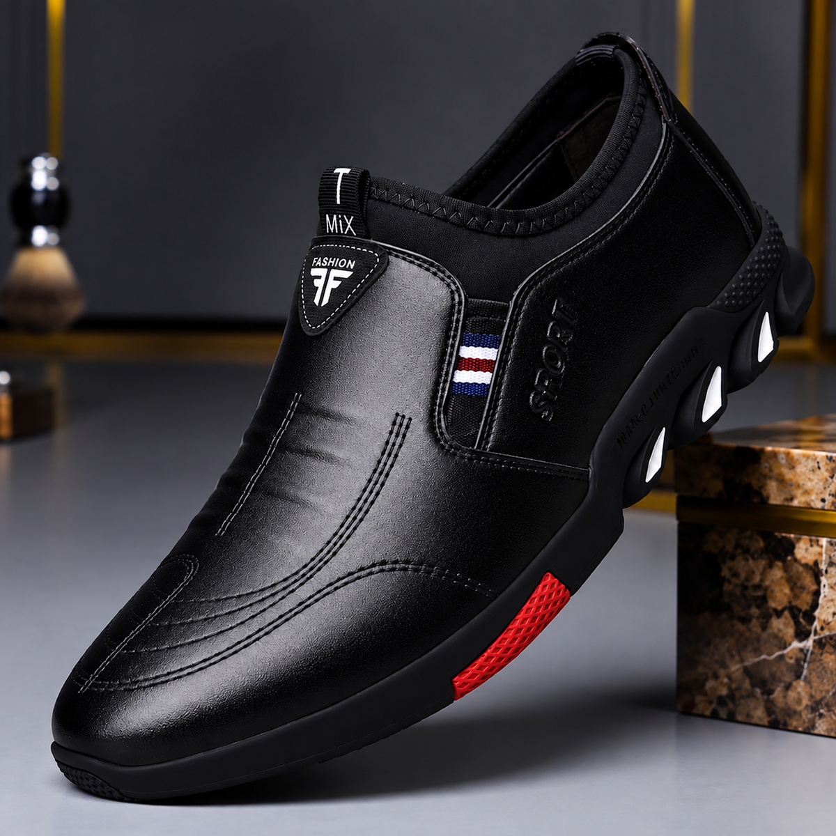 Czarne buty wsuwane na tle w odcieniach rdzy