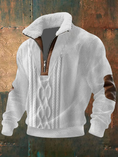 Sweter męski w warkocze z kołnierzem z misia w kolorze białym