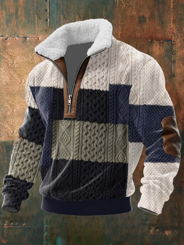 Sweter męski w bloki z kołnierzem z misia w kolorze wielokolorowym