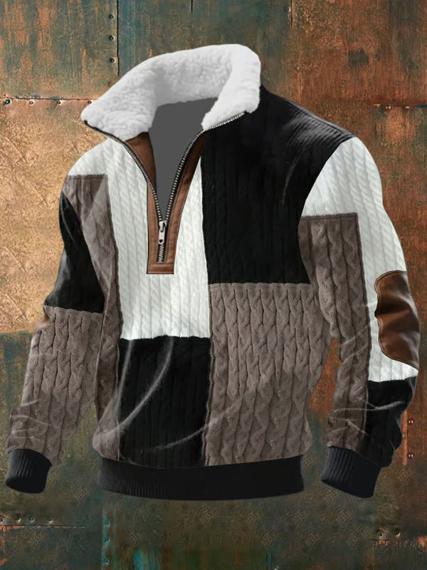 Sweter męski patchwork z kołnierzem z misia w kolorze beżowo-czarnym