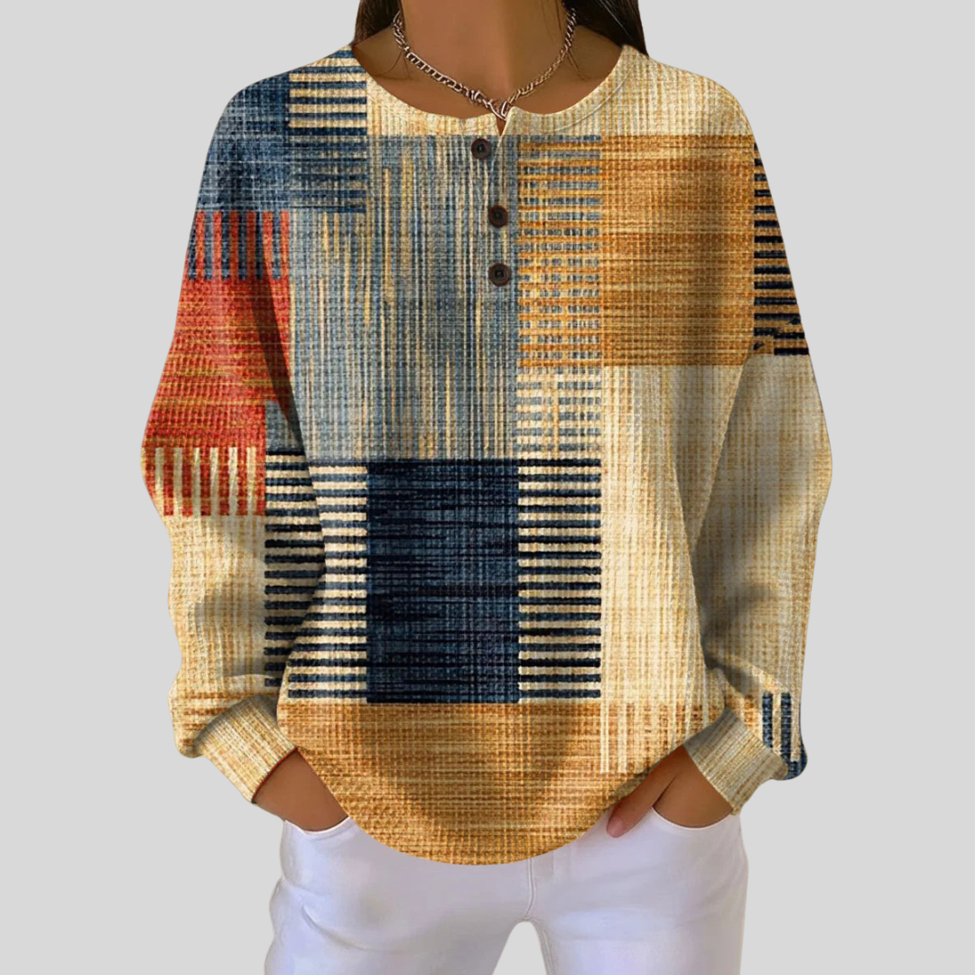 Bluza damska patchwork w pasy w ciepłych barwach, z guzikami
