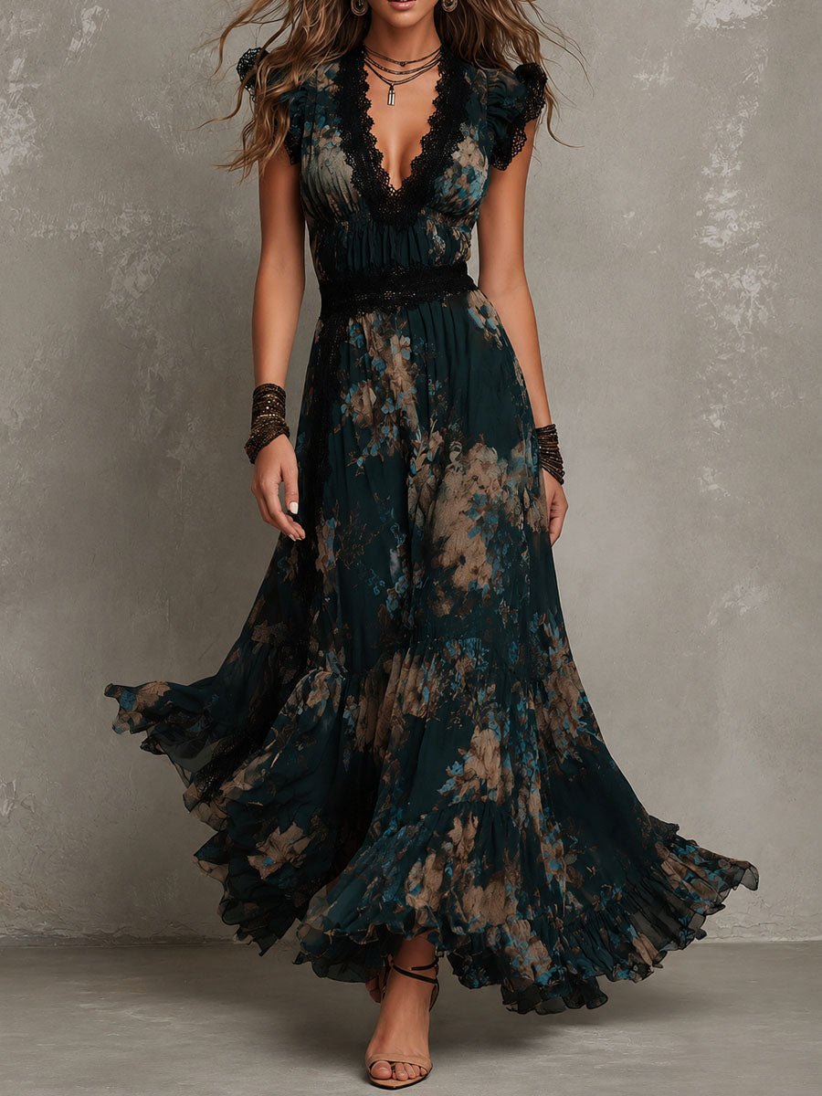 Sukienka maxi w ciemne kwiaty w ruchu